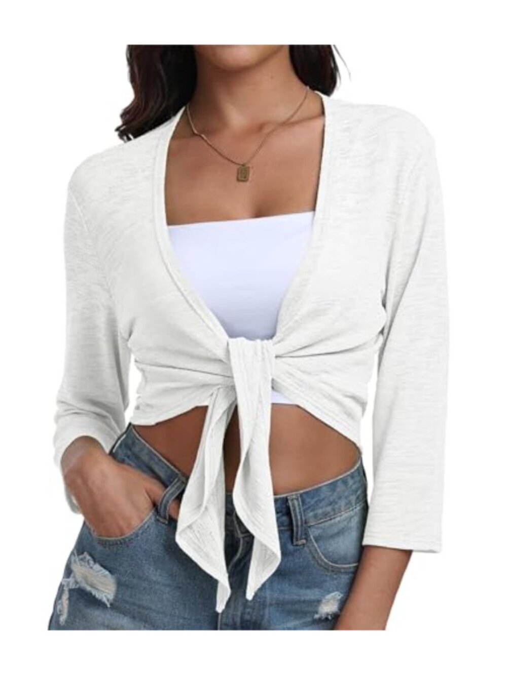 Women's Lightweight Tie Front 3/4 Sleeve Sheer Bolero Shrug Cardigan